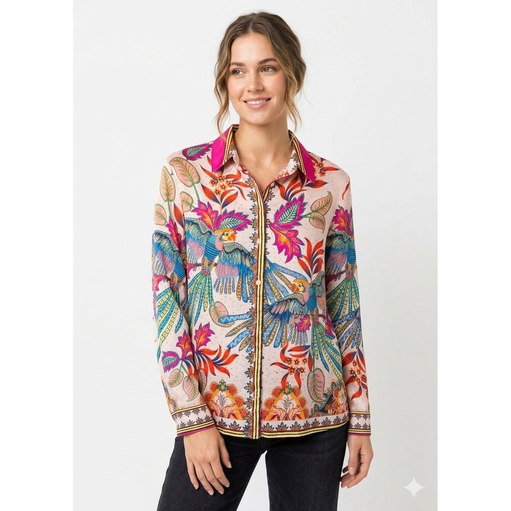Rachel Zoe Pink Tropical Parrot Floral Print Button Down Blouse Sm farm rio dupe